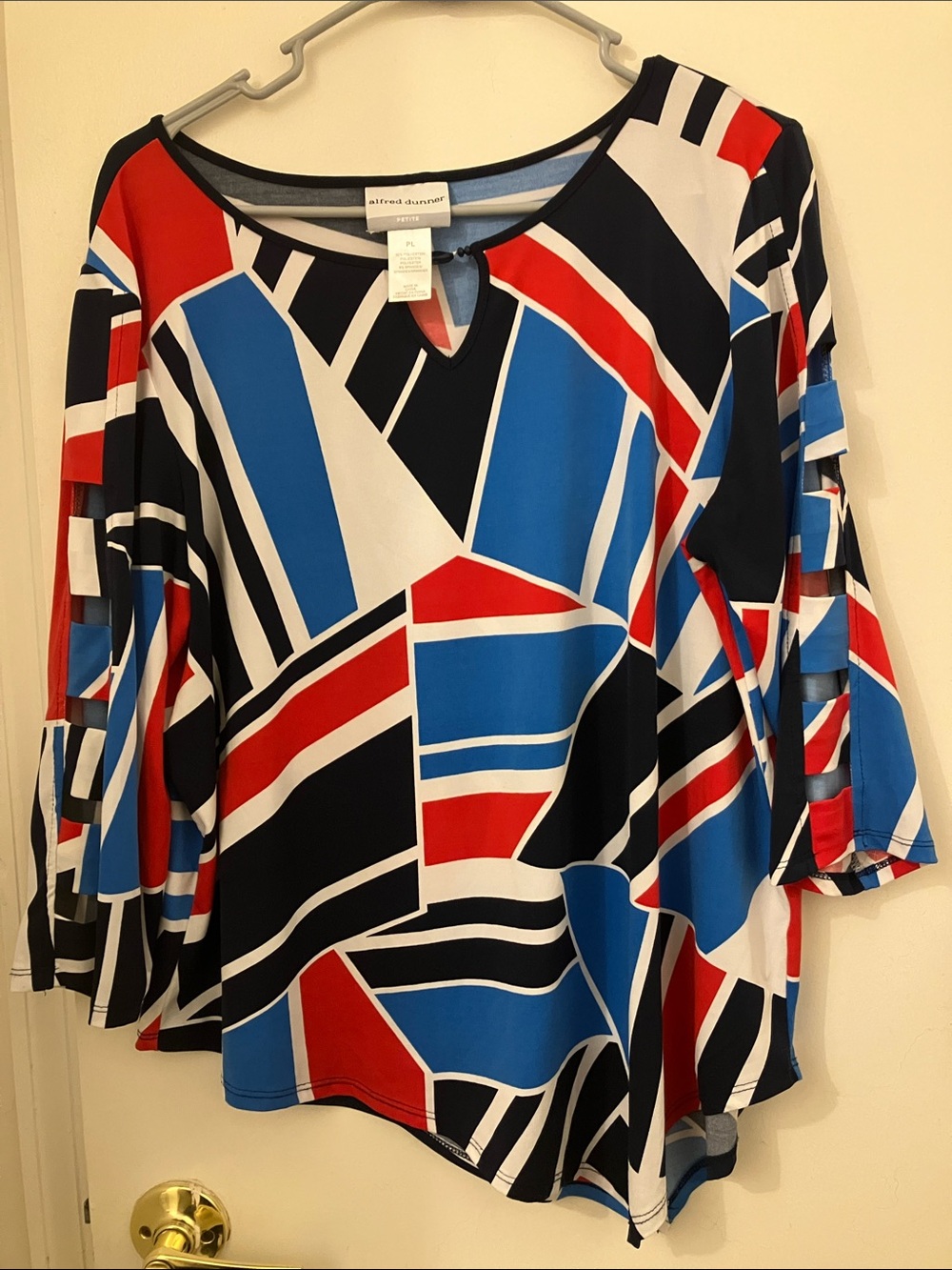Alfred Dunner Red, Blue & Black Geometric Cutout Sleeve Blouse